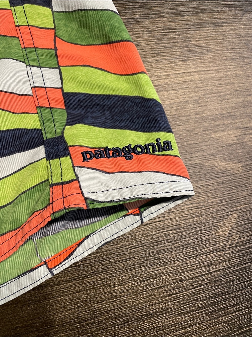 Patagonia Men's Striped Swim Shorts - Green/Orange/Navy - Picture 2 of 6